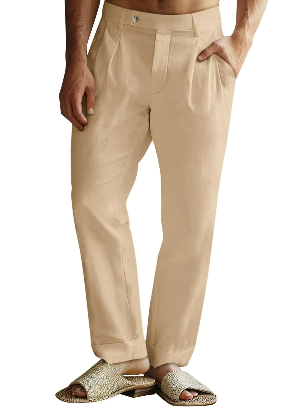 Runcati Mens Casual Linen Pants Pleated Elastic Waist Lightweight Cotton Trousers Summer Beach Yoga Pants with Pockets Apricot
