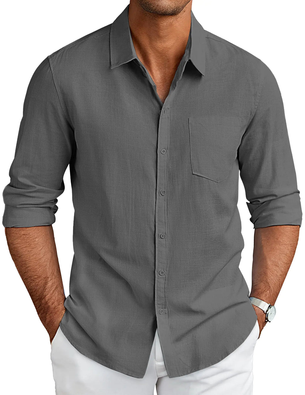 Long Sleeve Button Down Shirts Cotton Linen Shirts Dark Grey