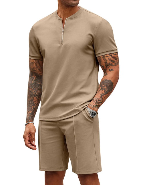 2 Pieces Outfits Quarter Zip Polo T Shirt and Shorts Set Suit