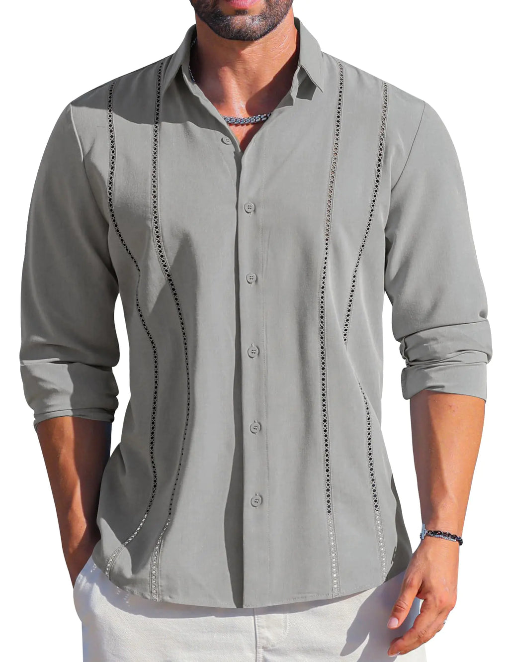 Camisa guayabera cubana de lino de manga larga con botones, color gris claro