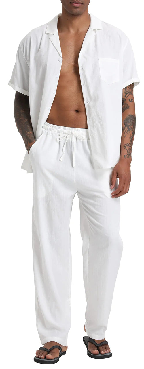 2 Piece Outfits Sets Short Sleeve Button Down Shirt Yoga Pants Vacation Suit Summer linen